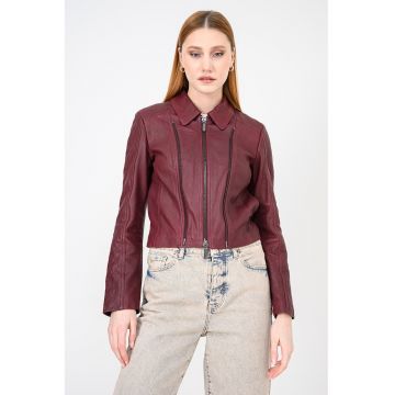Jacheta crop de piele cu guler clasic