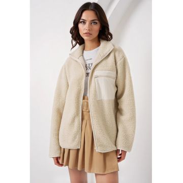 Jacheta dama  supradimensionat - detalii de buzunar - crema naturala - textil