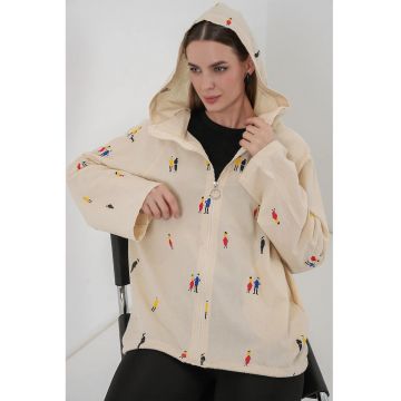 Jacheta  din bumbac cu gluga si fermoar - cu buzunare - Ivory Natural - set de dimensiuni S-M -