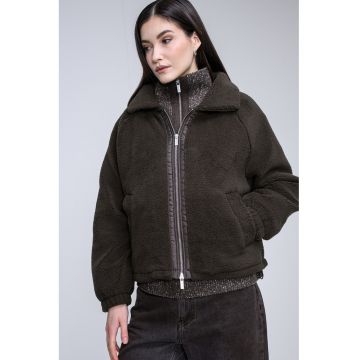 Jacheta din material teddy cu fermoar si terminatie ajustabila