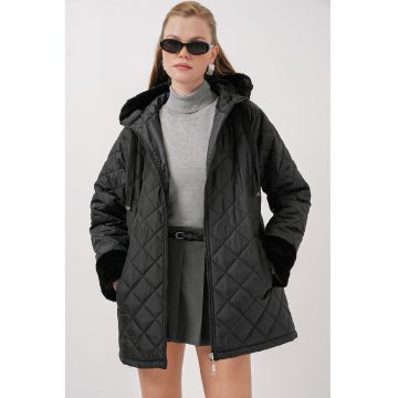 Palton dama HiCCUP - lung - cu gluga - negru - textil