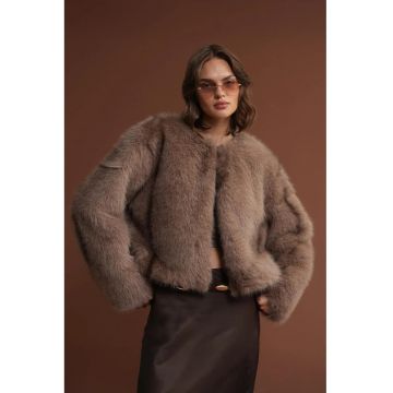Palton dama -  jacheta din blana artificiala - maro cafea - fleece