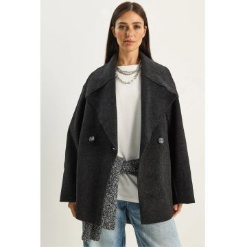 Palton dama -  jacheta oversize cu nasturi si guler - gri carbune - textil