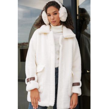 Palton dama -  supradimensionat - buzunare - alb - bumbac