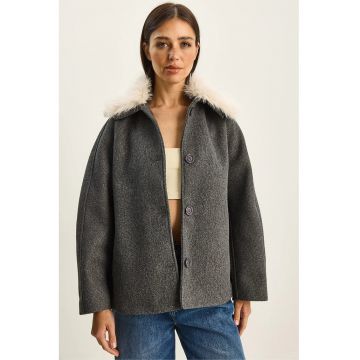 Palton dama -  supradimensionat - gri carbune - fleece