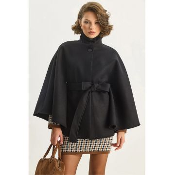 Palton Poncho  negru - textil - cu inchidere cu cravata