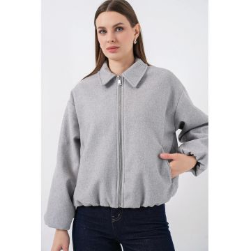 Geaca bomber  gri - textil - cu fermoar si buzunare