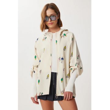 Geaca cu fermoar si gluga - Happiness Istanbul - cu imprimeu - alb