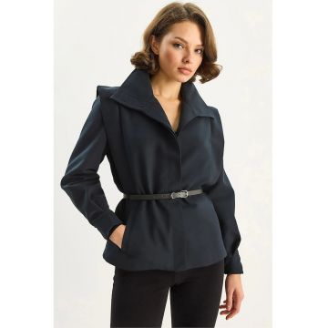 Geaca dama  cu curea - detalii la umeri - textil - bleumarin