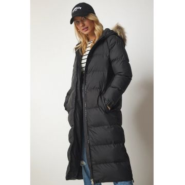 Geaca dama - Happiness Istanbul - lung - oversized - gluga - poliester - negru