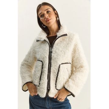 Geaca  detalii din imitatie de piele - bej - jerseu