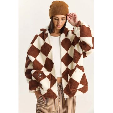 Geaca supradimensionata din plus  textil - crem/maro -