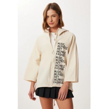 Jacheta cu gluga si fermoar - Happiness Istanbul - textil - crem
