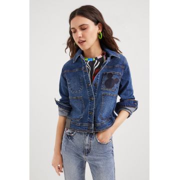 Jacheta de denim cu aplicatie Mickey Mouse pe partea din spate