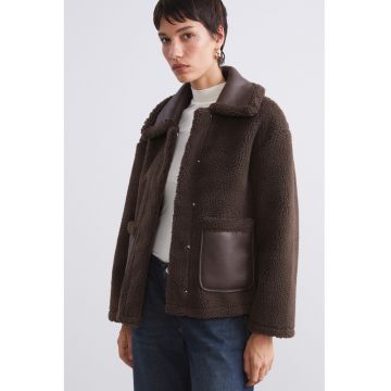 Jacheta din material teddy cu detalii din piele ecologica