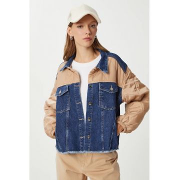 Jacheta scurta - Happiness Istanbul - denim - bleumarin/bej - decolteu in V - cu nasturi