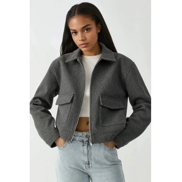 Jacheta scurta texturata cu fermoar -  gri - textil