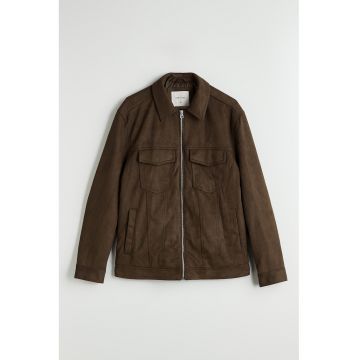 Jacheta slim fit de piele intoarsa ecologica cu guler clasic