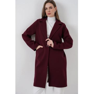 Palton dama  lung - rosu burgundi - textil - cu nasturi si buzunare - Rosu Burgund -
