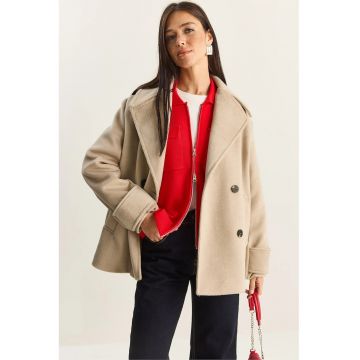 Palton dama -  oversized - cu buzunare - bej natural - bumbac