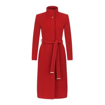 Palton din amestec de lana cu cordon si guler inalt