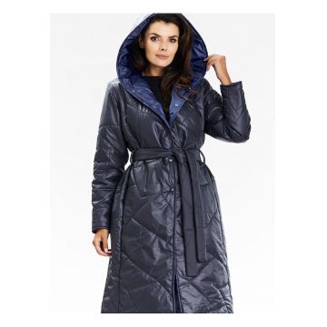 Palton lung cu gluga  bleumarin - material matlasat - cu curea de talie