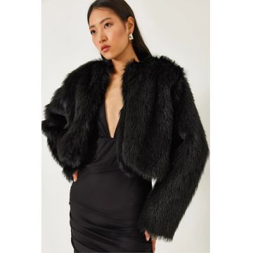 Palton scurt dama -  blana artificiala - negru