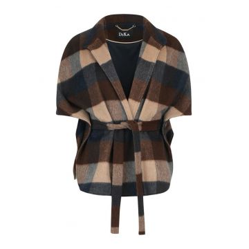 Palton scurt stil poncho din amestec de lana cu imprimeu