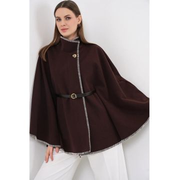 Poncho  cu centura - detalii de cusatura - maro - textil - One Size