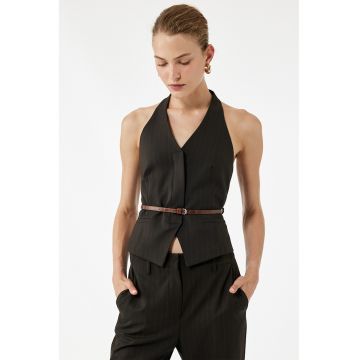 Set de vesta cu curea - decolteu in V si dungi - 2 piese