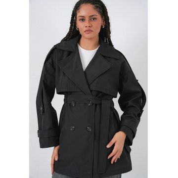 Trenci dama -  cu doua randuri de nasturi - negru - textil