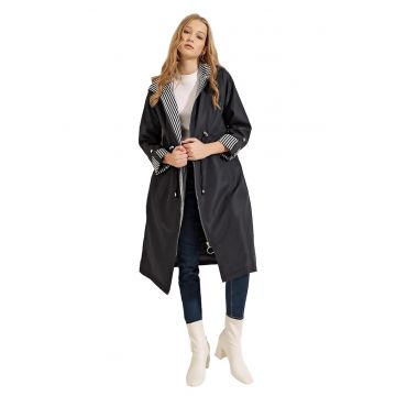 Trenci dama  cu gluga si snur - bleumarin - textil