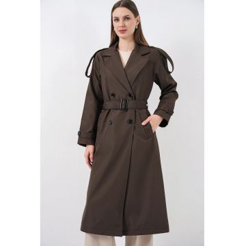 Trenci dama  lung - doua randuri de nasturi - maro mocha - textil