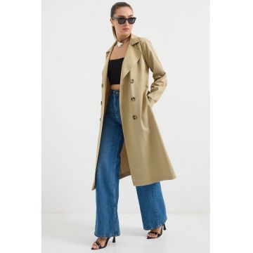 Trenci lung dama -  doua randuri de nasturi - kaki - textil