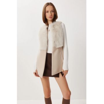 Vesta dama - Happiness Istanbul - blana artificiala texturata - decolteu in V - crem -