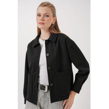 Geaca dama -  Jacheta cu nasturi si buzunare - Negru - Textil - Negru