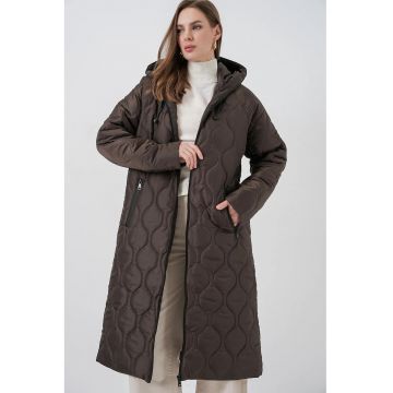 Geaca dama  lunga - matlasata - cu gluga - Mocha Brown -