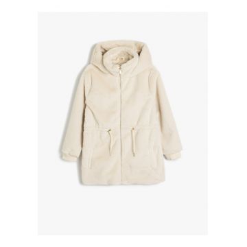 Geaca din blana shearling sintetica cu gluga - Alb