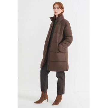 Geaca lunga cu vatelina si guler - Maro inchis