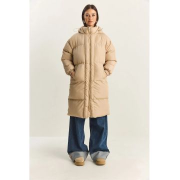 Geaca lunga pentru dama -  cu gluga - maneci lungi - bej - textil
