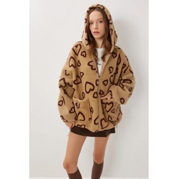 Geaca puffer supradimensionata - Happiness Istanbul - cu gluga si fermoar - bej - textil - model inimi - One Size