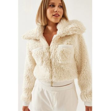 Geaca scurta  din blana artificiala - bej natural - cu guler cu fermoar