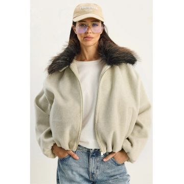 Geaca supradimensionata  fermoar - guler de blana - bej - jerseu