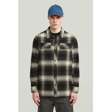 Jacheta-camasa cu model in carouri si buzunare cu clapa pe piept - Negru/Maro camel