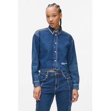 Jacheta crop din denim cu aplicatii cu nituri