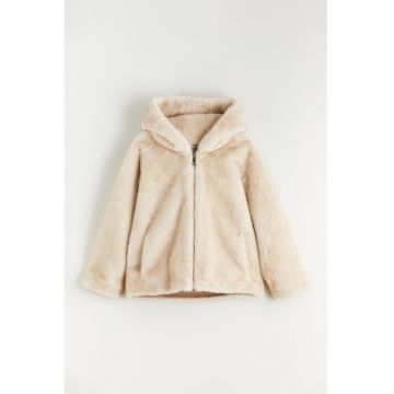 Jacheta cu blana sintetica si gluga - Crem