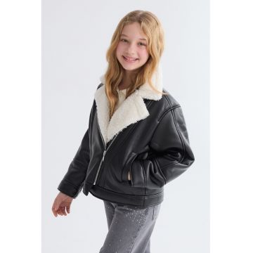 Jacheta de piele cu gulerde blana sintetica - Negru