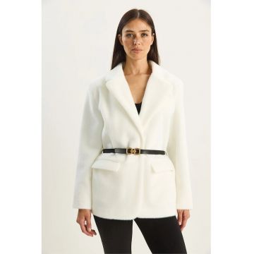 Jacheta din catifea -  cu detaliu funda - alb - textil