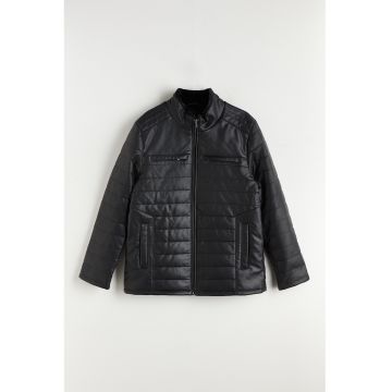 Jacheta din piele ecologica cu guler scurt - Negru