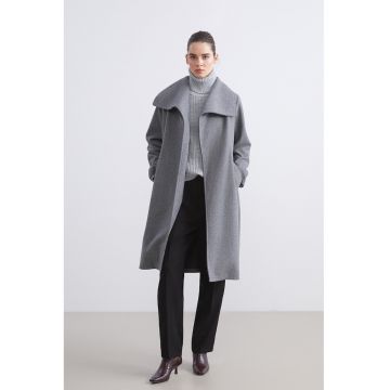 Palton cu revere late si inchidere cu cordon - Gri melange